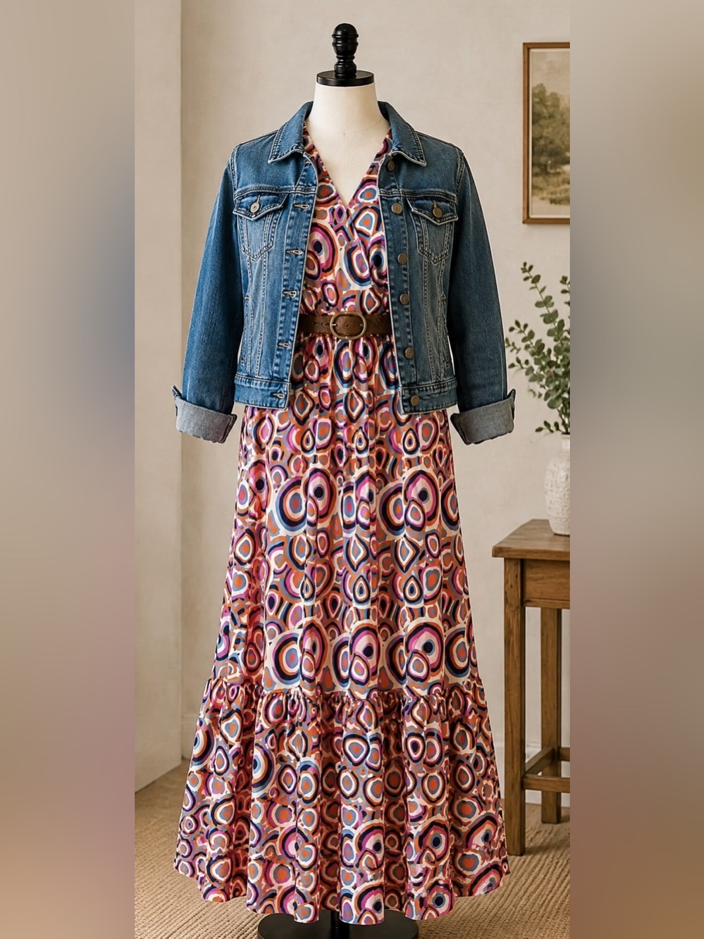 NWOT Boho Midi Dress Women’s Large Abstract Print V-Neck Flutter Sleeve